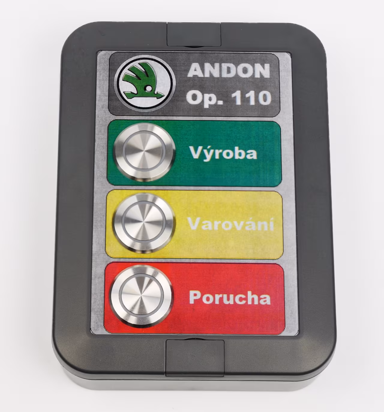 The Škoda Andon device built from the BLOX IoT kit with three color-coded buttons